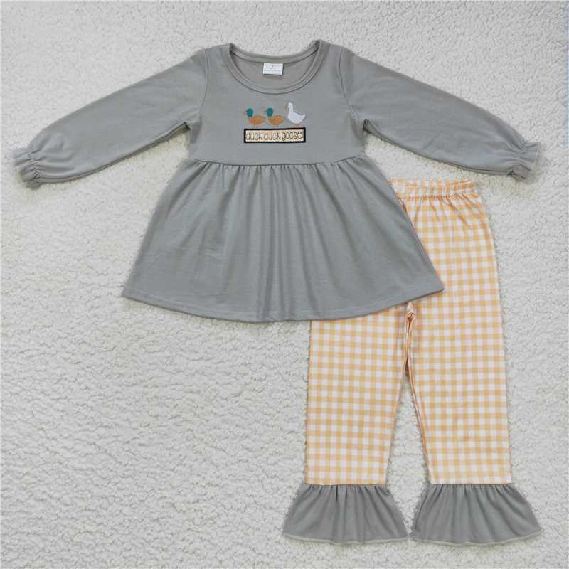 GLP0724Duck goose grey tunic yellow plaid pants girls outfits