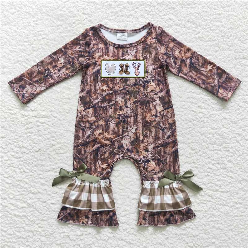 10.16 RTS NO MOQ (In stock) Matching thanksgiving LR0526 Baby Girls Hunting Camo Fall Rompers