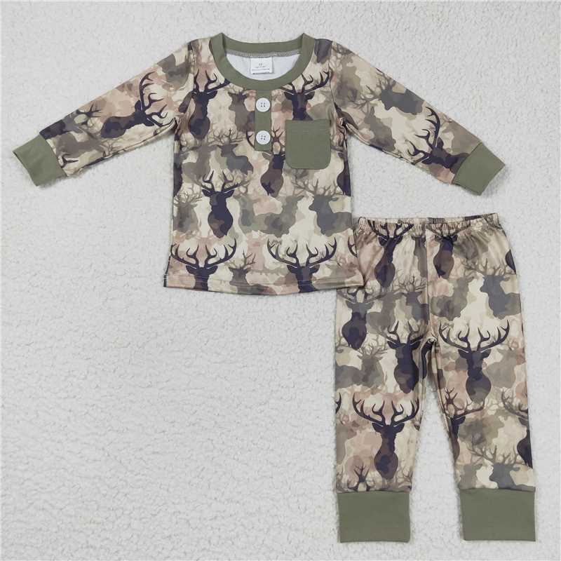 BLP0332Deer pocket long sleeves kids boy pajamas