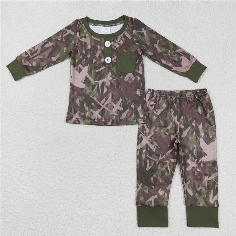 BLP0326Olive browm duck pocket long sleeves boy pajamas