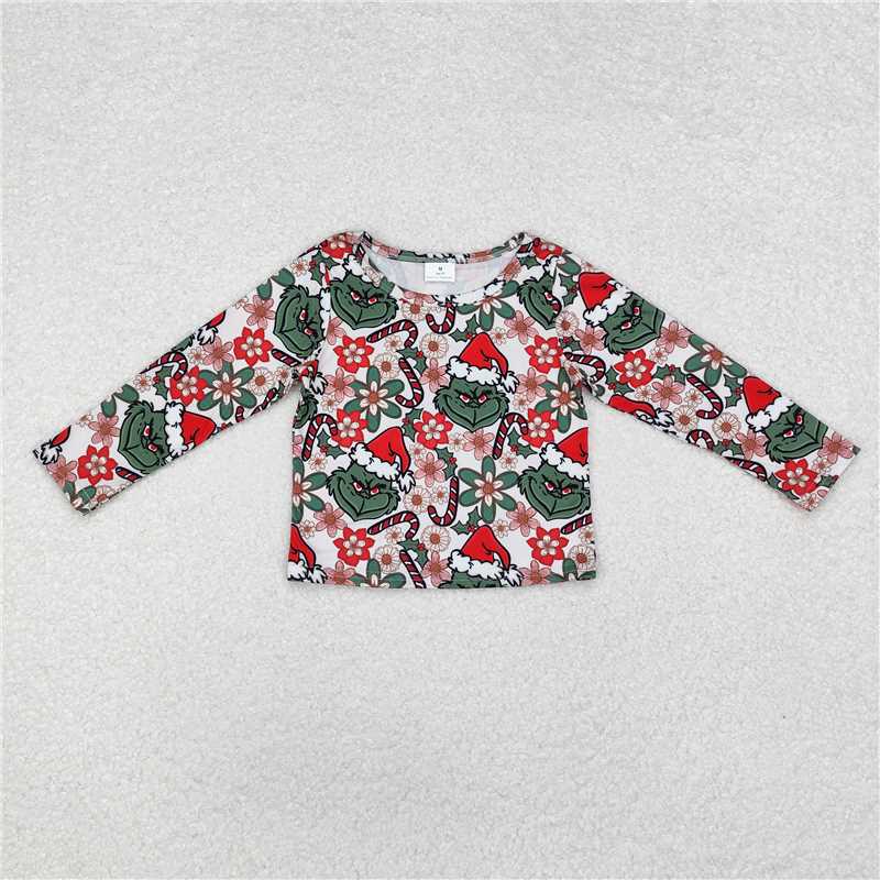 GT0326 Baby Girls Christmas Green Frog Flowers Long Sleeve Tee Shirts Tops