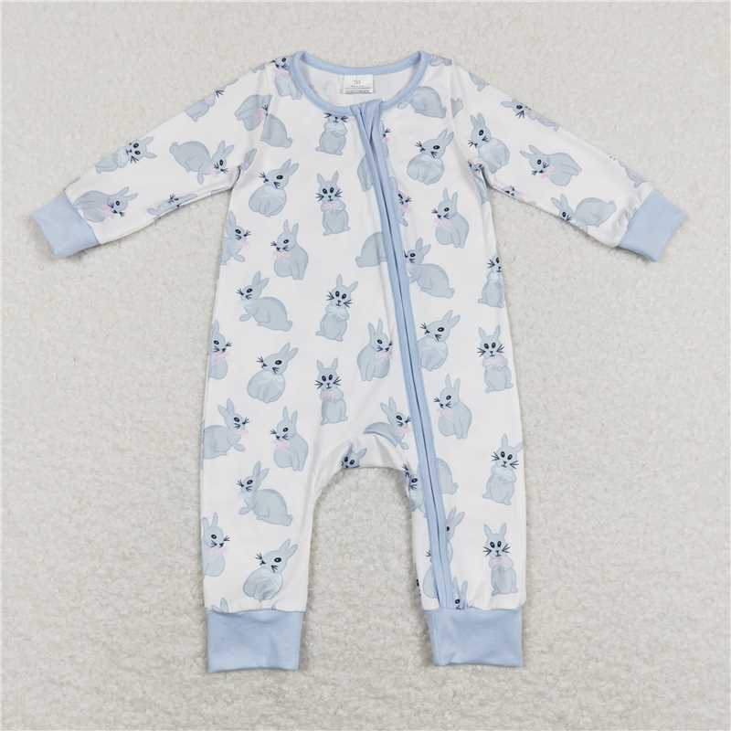 RTS LR0837 Bunny blue and white zipper long-sleeved jumpsuit