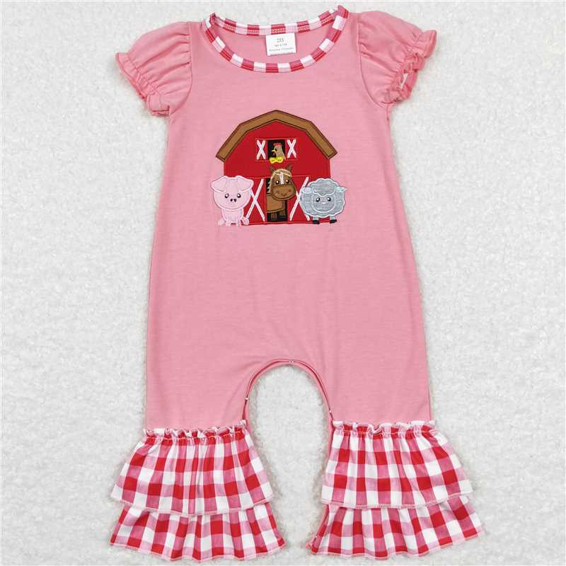 SR0511 Baby Infant Girls Short Sleeve Farm Pink Ruffle Rompers
