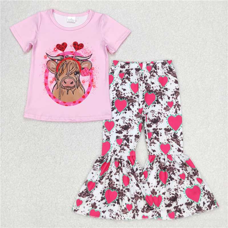 GSPO0416 Girls' alpine cow heart pink short-sleeved trousers suit