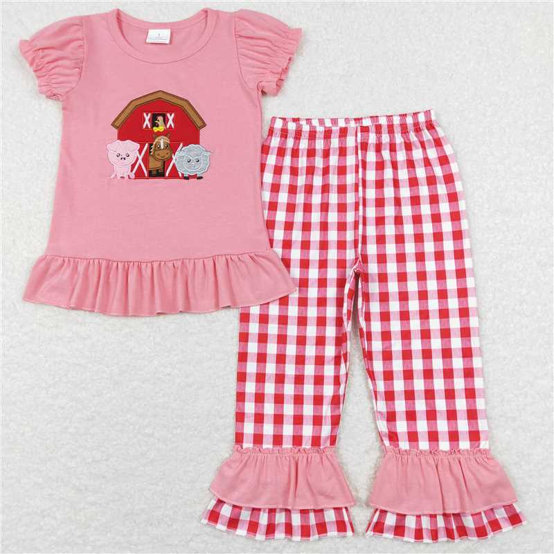GSPO0994Pig cow sheep chicken top plaid pants girls farm outfits