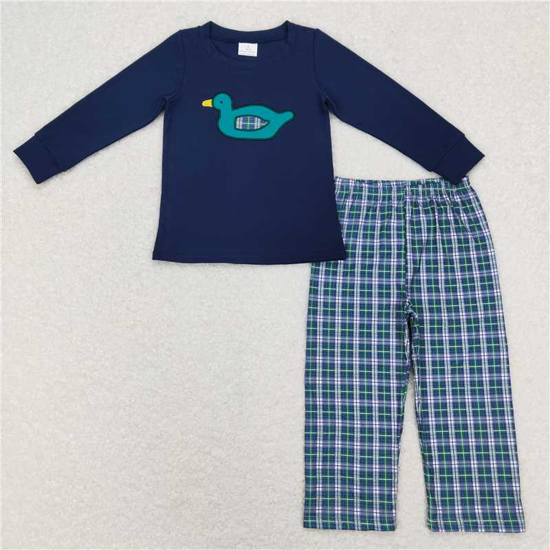 BLP0440Navy duck top plaid pants kids boys outfits
