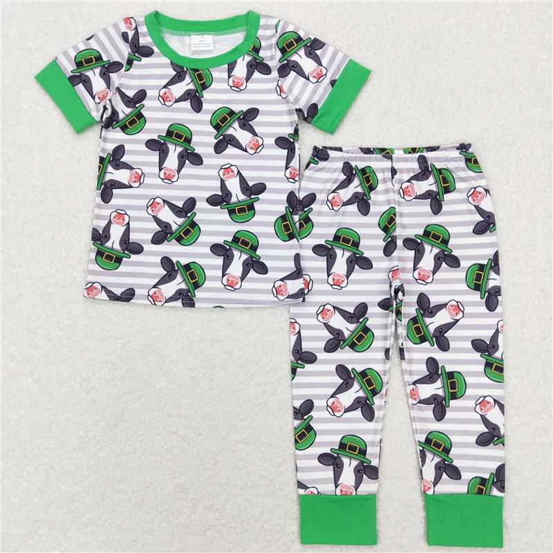 BSPO0279 Baby Boys St Patrick Day Cow Top Pants Pajamas Clothes Sets