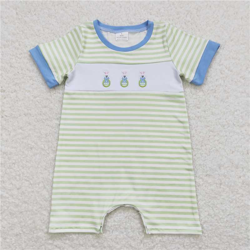 SR0704 Embroidery Baby Infant Boys Easter Rabbit Eggs Short Sleeve Rompers