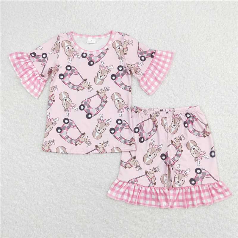 GSSO0401Pink deer short sleeves camo kids girls summer pajamas
