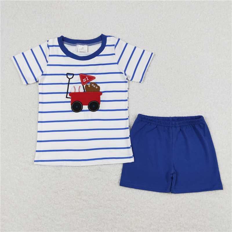 BSSO0540 Baby Boys Blue Stripes Baseball Shirts Shorts Rompers Clothes Sets