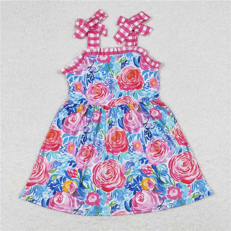 GSD0895RTS NO MOQ Baby Girls Summer Dress Baby Girls Pink Flowers Straps Sibling Summer Dresses Rompers Clothes Sets