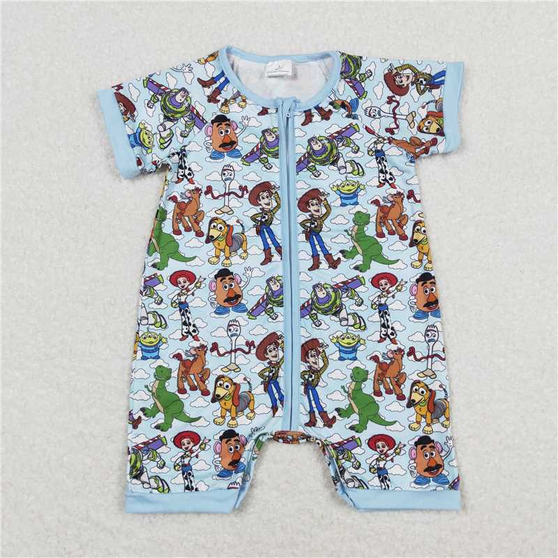 SR1274 Baby Girls Bue Toy Zip Short Sleeve Rompers