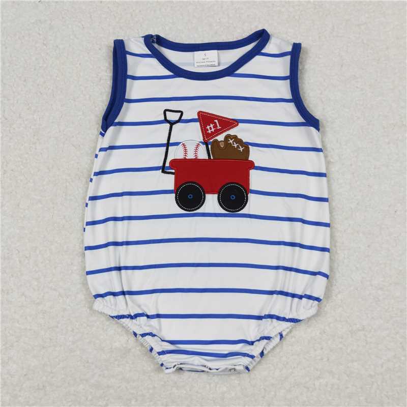 SR0935 Baby Infant Boys Baseball Blue Stripes Sleeveless Rompers