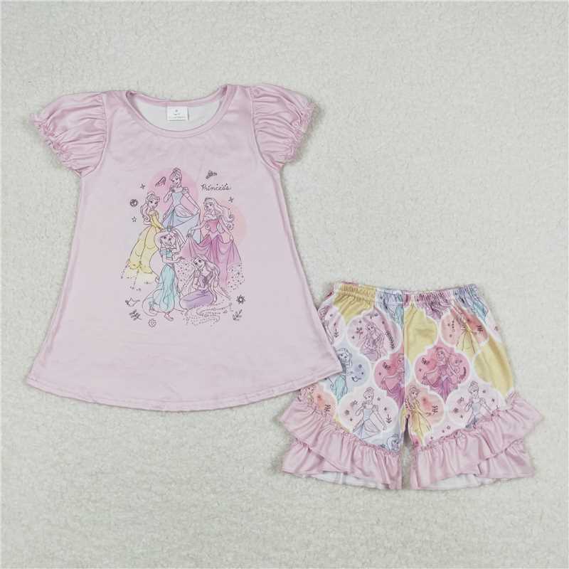 GSSO0821RTS NO MOQ Baby Girls Summer Outfits Pink short sleeves princess top shorts girls summer set