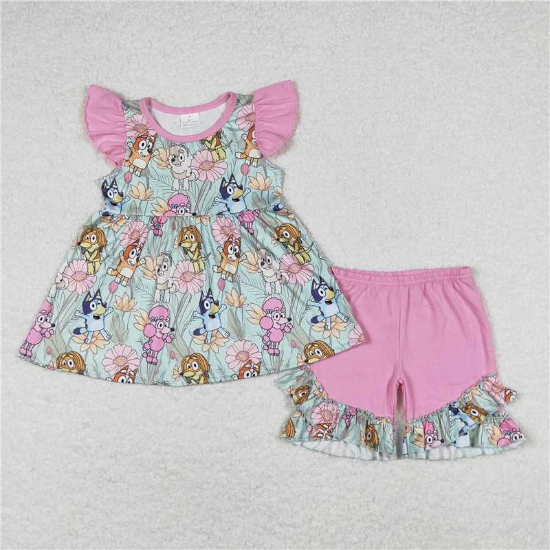 GSSO0624Floral dog tunic ruffle shorts baby girls outfits