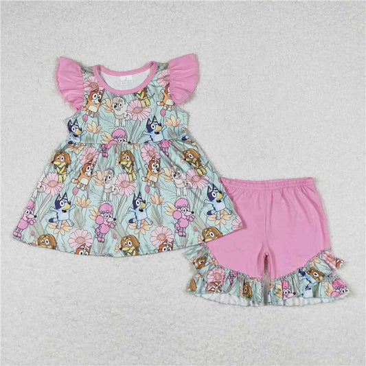 GSSO0624Floral dog tunic ruffle shorts baby girls outfits