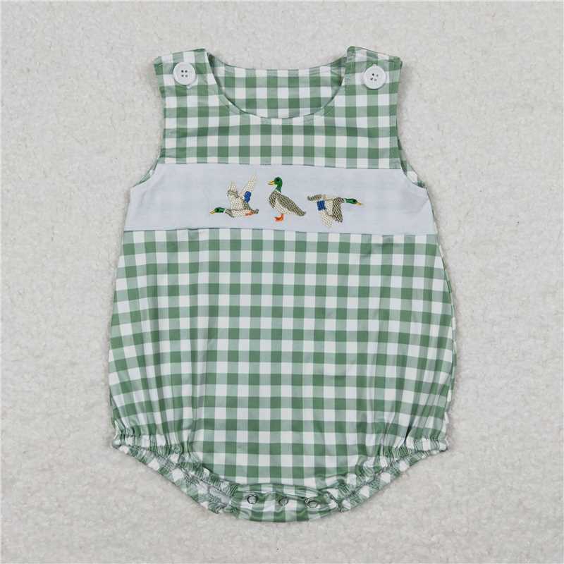 USA Warehouse (IN STOCK) SR1066 Green plaid sleeveless duck baby boys summer romper
