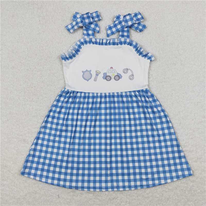 GSD0905 Baby Girls Police Blue Checkered Straps Knee Length Dresses