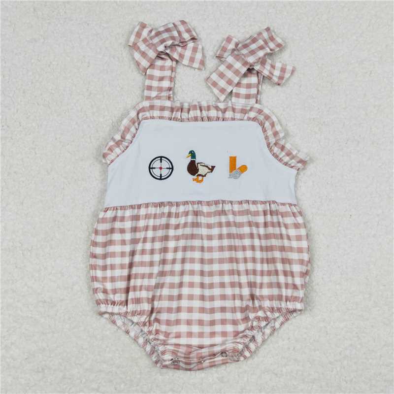 12.16 RTS NO MOQ (In stock)Matching SR1008 Baby Infant Girls Brown Checkered Duck Rompers