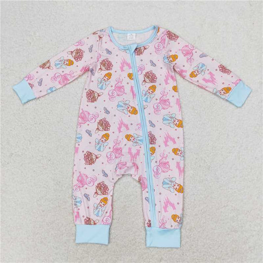 LR0990Long sleeves princess castle carriage baby zipper romper