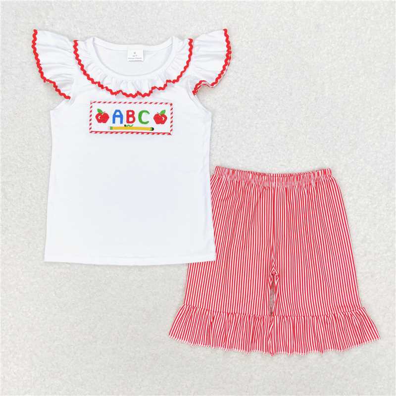 12.29 RTS NO MOQ (In stock)GSSO1115 Baby Girls Back Top School ABC Shirt Ruffle Shorts Clothes Sets