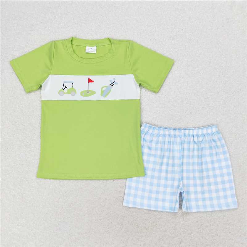 BSSO0667 Baby Boys Golf Green Shirt Blue Checkered Shorts Outfits Clothes Sets