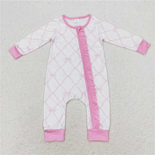 USA Shop (in stock)LR0921Pink long sleeves bow baby girls zipper romper