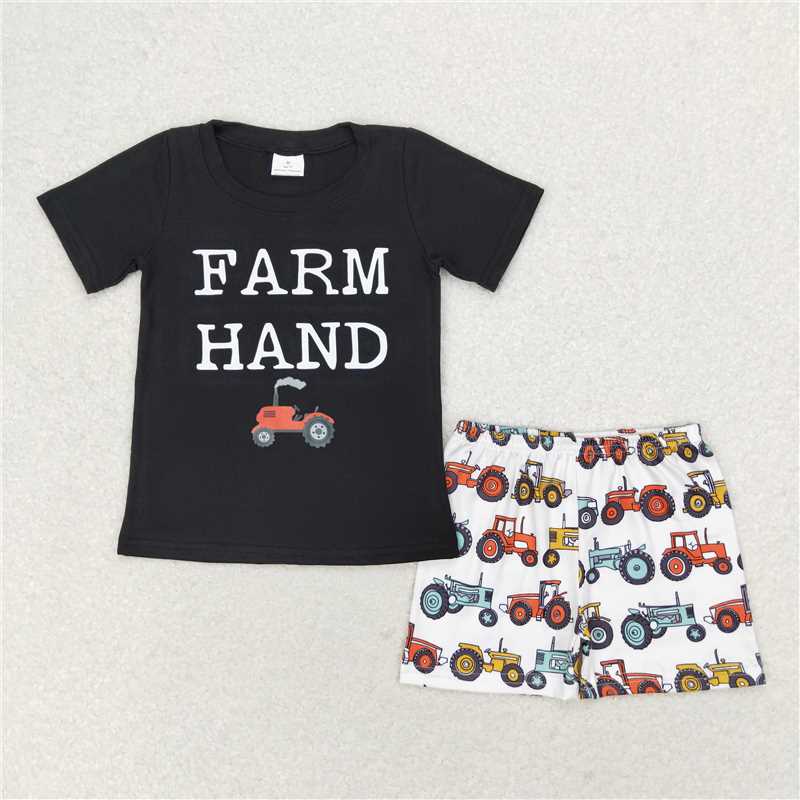 BSSO0942 Baby Boys Farm Hand Short Sleeve Shirt Tractors Shorts Clothes Sets