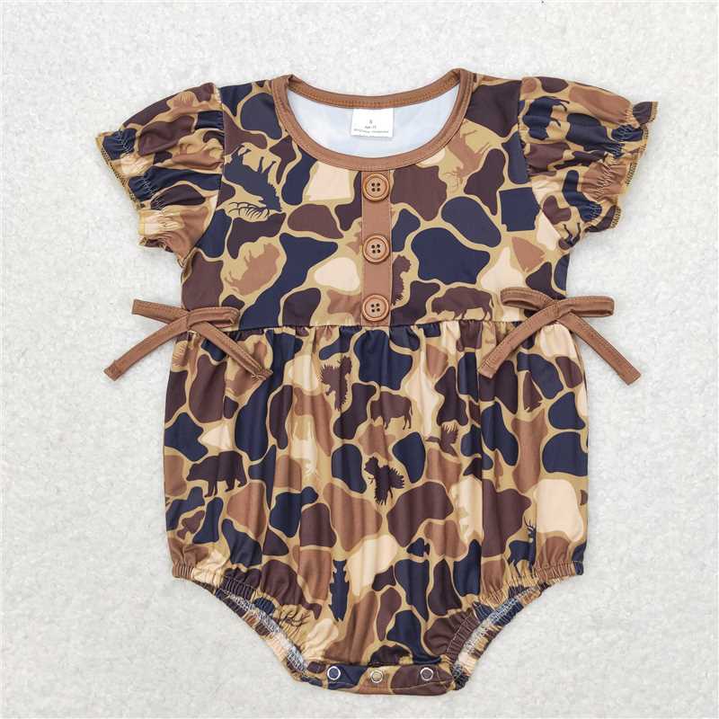 SR1682 Baby Infant Girls Brown Camo Bows Short Sleeve Rompers