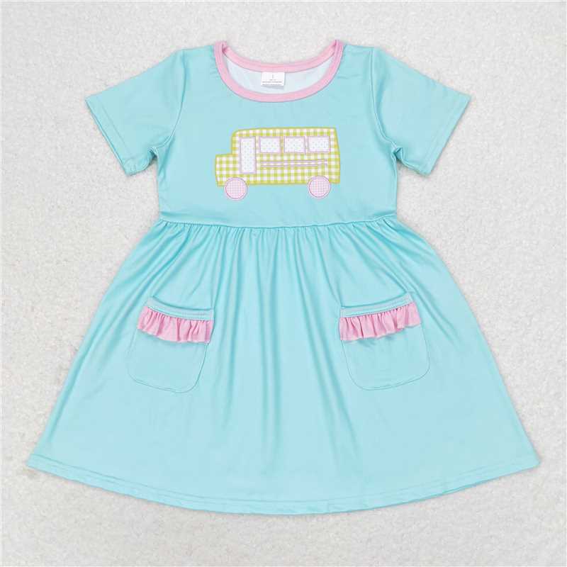 GSD1341 Baby Girls Bus Back To School Pockets Knee Length Dresses