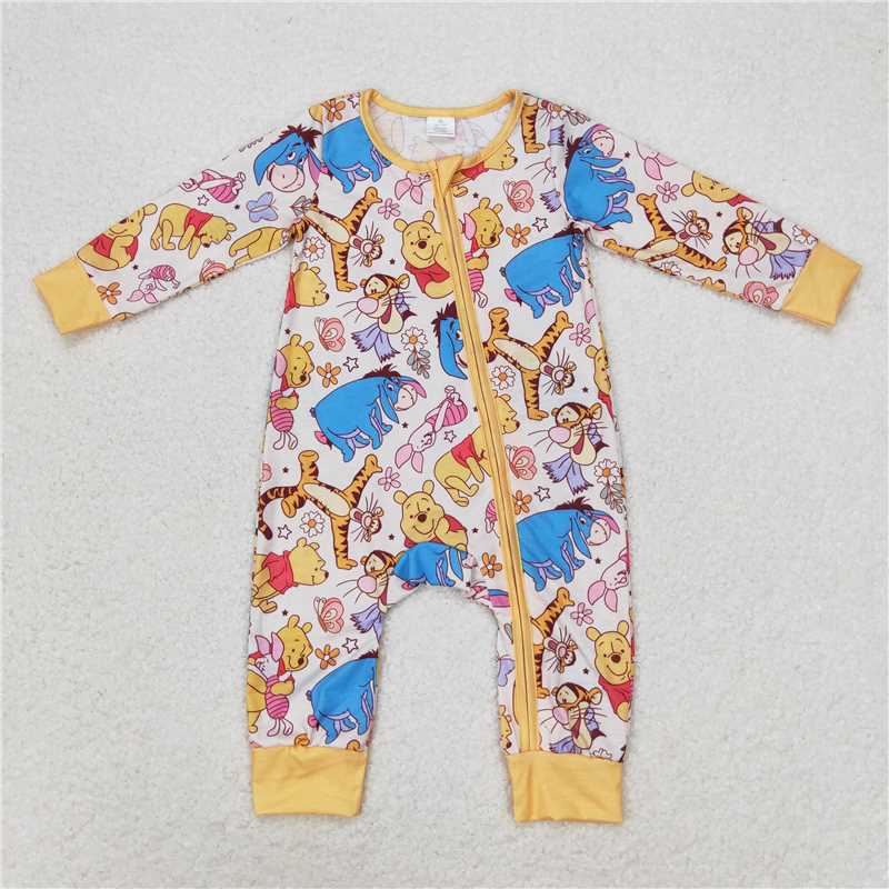 RTS LR0971 Modal cartoon Winnie the Pooh flower orange zipper long sleeve jumpsuit