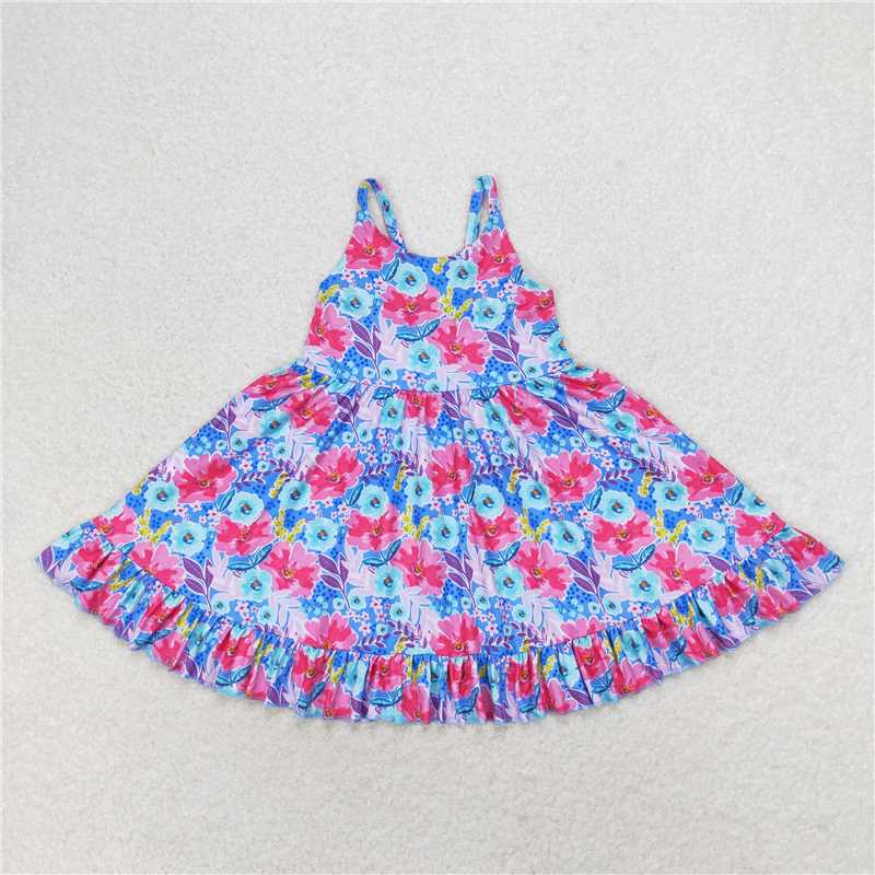 GSD1226 Baby Girls Pink Blue Flowers Straps Ruffle Knee Length Dresses