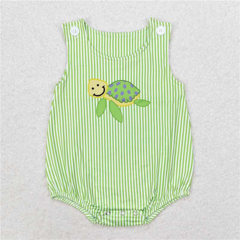 SR1093 Baby Infant Boys Green Stripes Turtle Sleeveless Summer Rompers