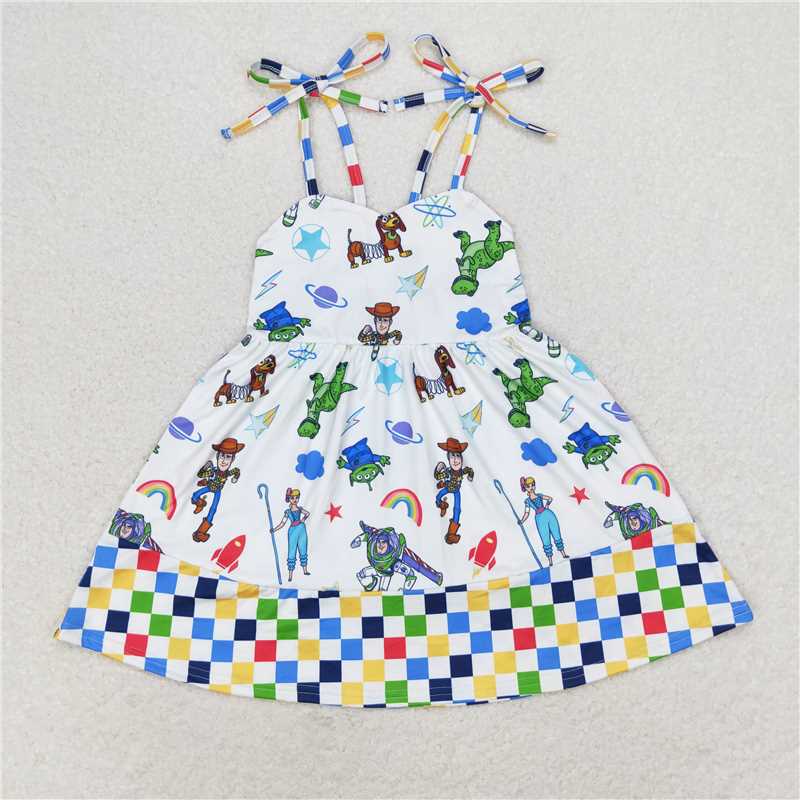 GSD1350 Plaid straps dinosaur toy ruffle kids girls dresses
