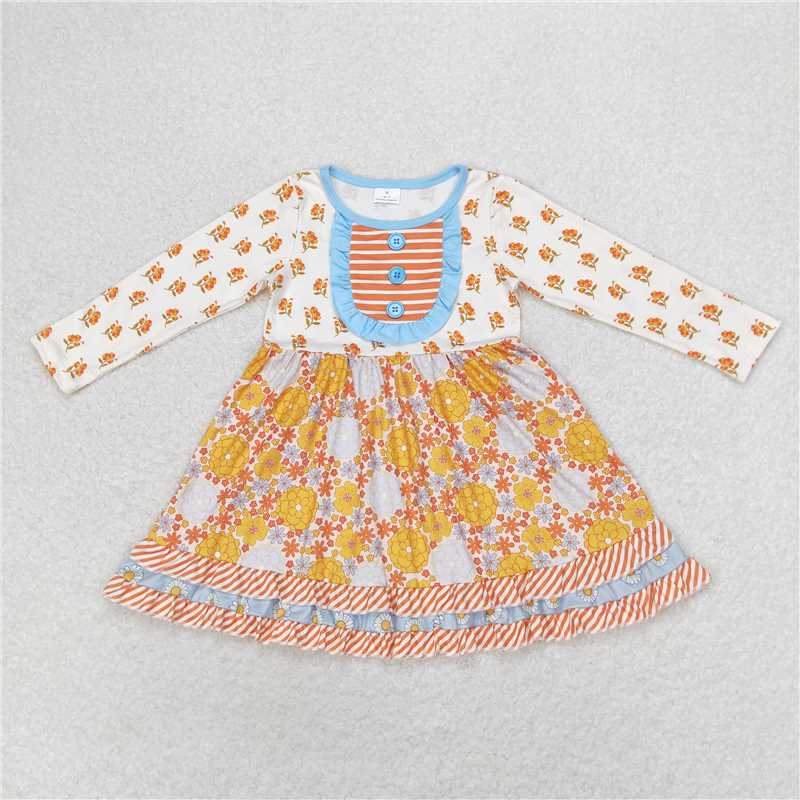GLD0531 Baby Girls Fall Pumpkin Ruffle Long Sleeve Knee Length Dresses