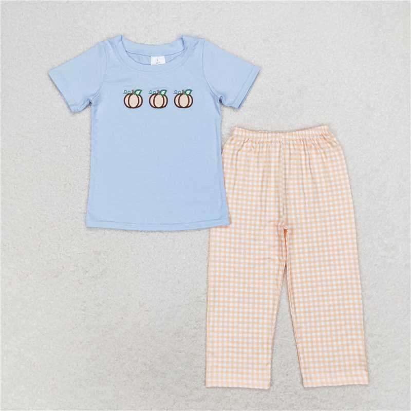 BSPO0371 Baby Boys Blue Short Sleeve Pumpkins Shirt Pants Clothes Sets
