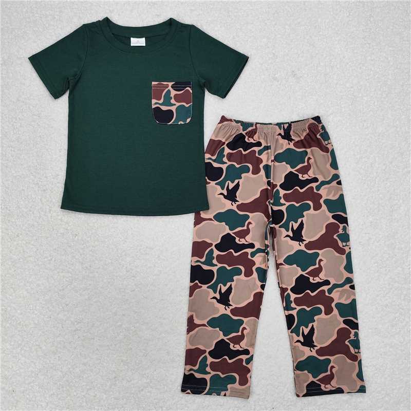 11.1 RTS NO MOQ (In stock)Matching BSPO0413 Baby Boys Dark Green Pocket Top Duck Camo Pants Clothes Sets