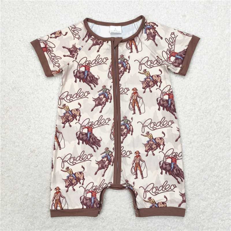 SR0856 Sibling Baby Infant Boys Western Cowboys Short Sleeve Zip Rompers