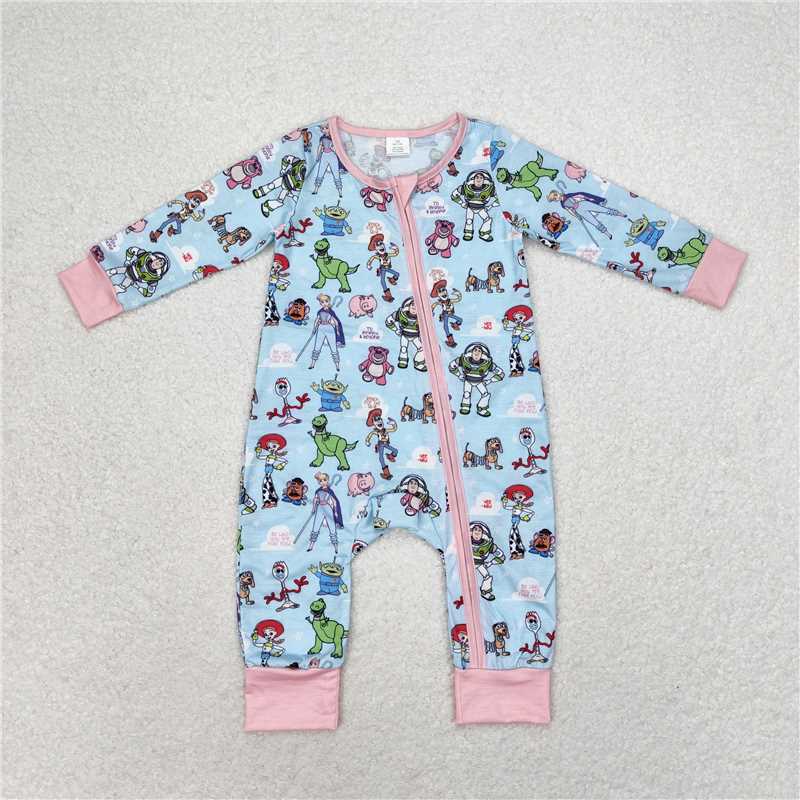 LR0987Long sleeves pig bear toy baby girls zipper romper