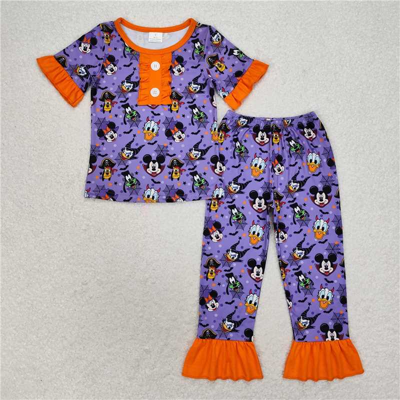 GSPO1608RTS NO MOQ Baby girls Spring Outfits Halloween Mickey Donald Duck purple and orange lace short-sleeved trousers pajamas set