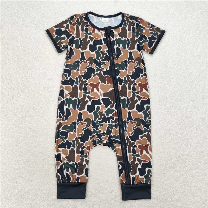 SR1899 Baby Infant Boys Brown Camo Zip Bamboo Rompers