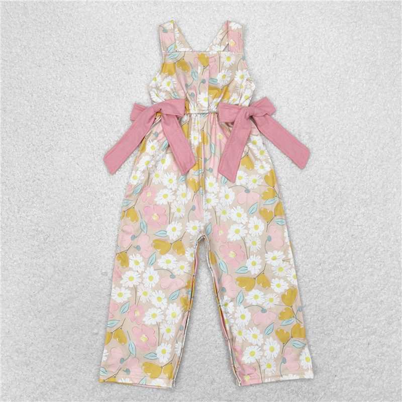 SR1674 Baby Girls Pink Flowers Straps Bows Long Pants Jumpsuits