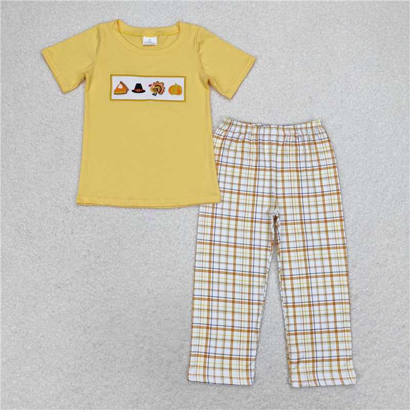 10.22 RTS NO MOQ (In stock)Matching Thanksgiving BSPO0433 Baby Boys Thanksgiving Turkey Shirt Checkered Pants Clothes Sets