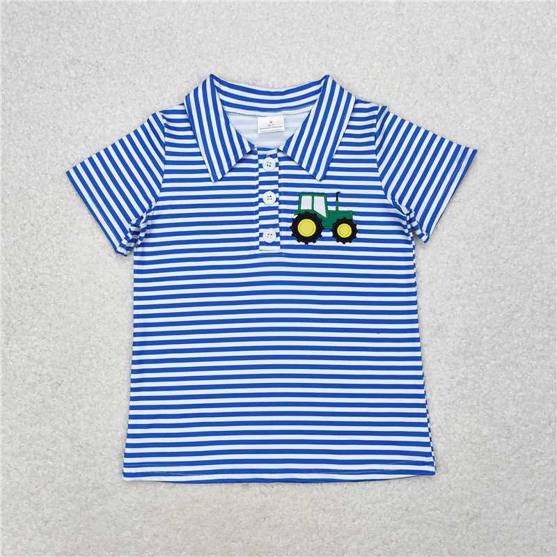 BT0689 Baby Boys Stripes Tractor Short Sleeve Buttons Tee Shirts Tops