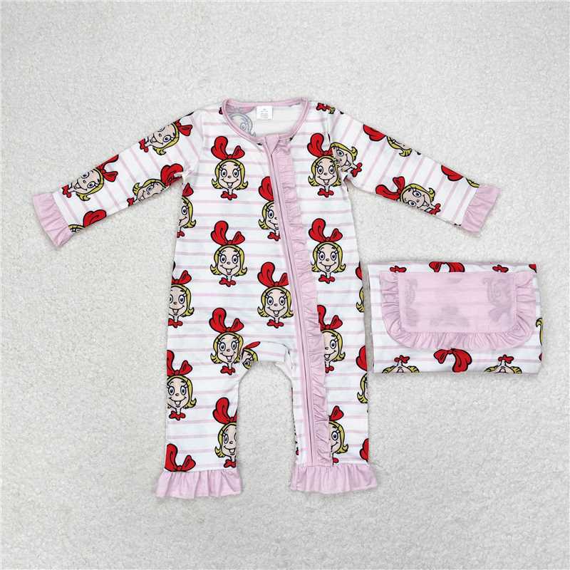 LR1001Pink stripe long sleeves baby girls Christmas zipper romper