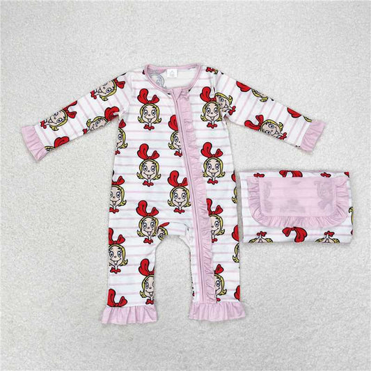 LR1001Pink stripe long sleeves baby girls Christmas zipper romper