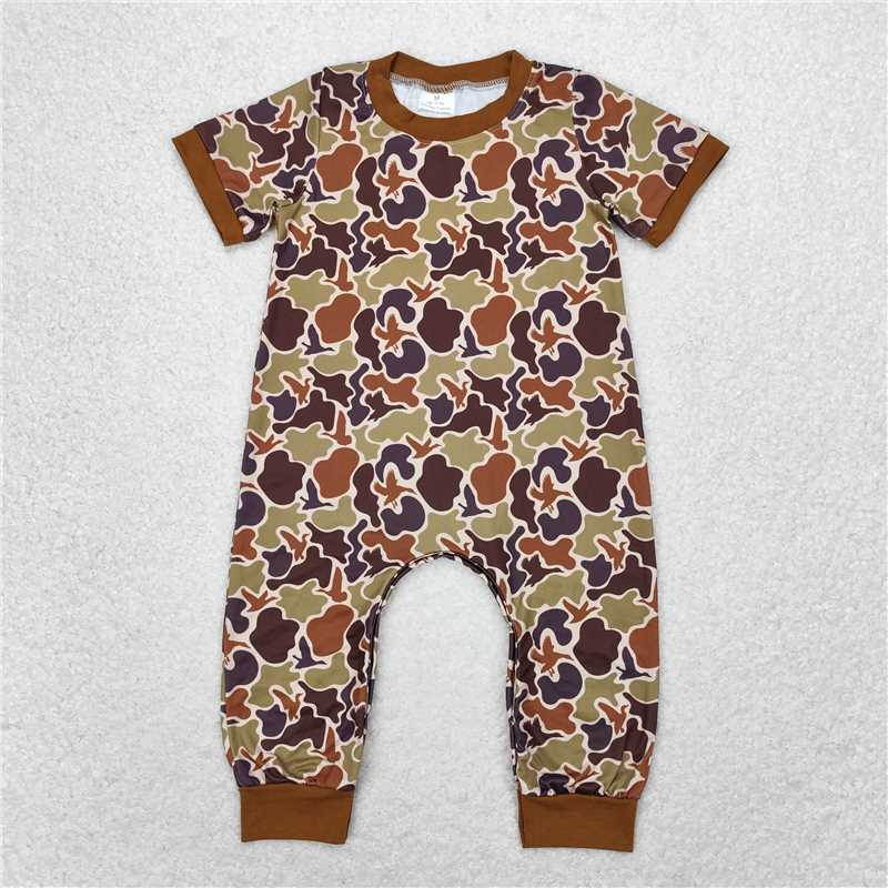 SR1814 Baby Infant Boys Duck Dark Brown Camo Short Sleeve Rompers