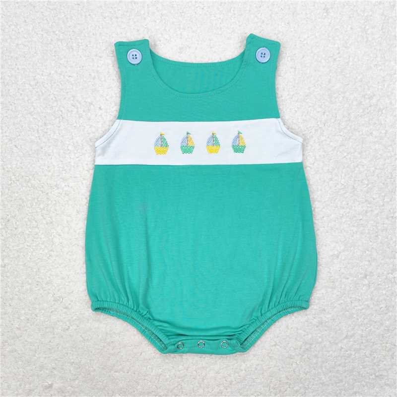 SR1581 Baby Boys Summer Green Boats Sleeveless Rompers