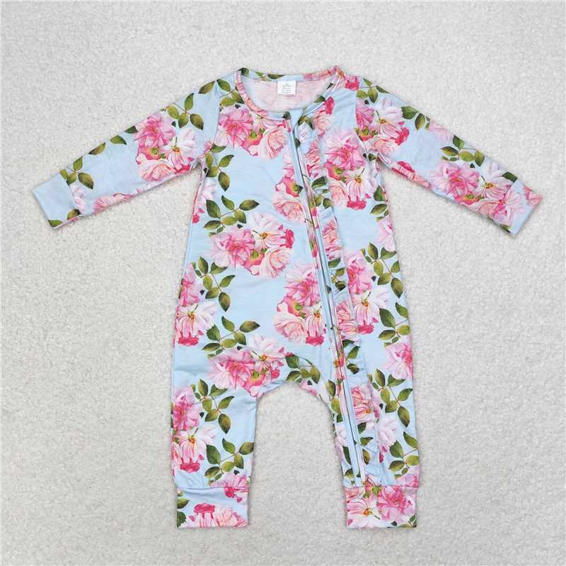 USA Shop (in stock)LR0880Long sleeves blue floral baby girls zipper romper