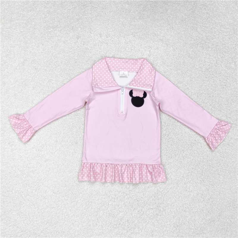 GT0602 Baby Girls Pink Cartoon Bow Zip Long Sleeve Tee Shirts Tops